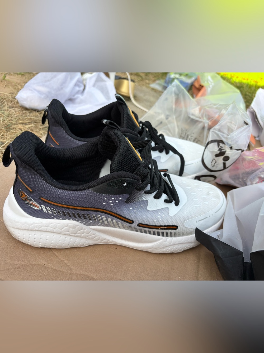 SHEIN White Black Gray Athletic Sneakers with Gold Accents